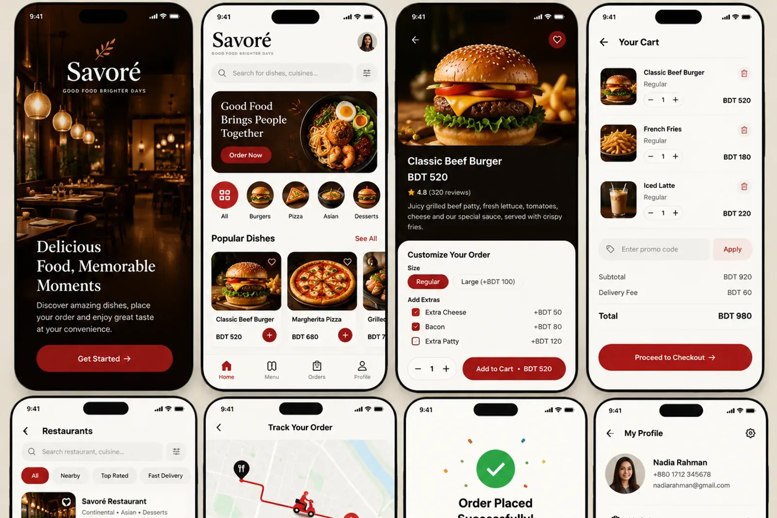 Savoré restaurant and food delivery app concept: dish discovery, restaurant explorer, meal customisation, cart and live order tracking screens.