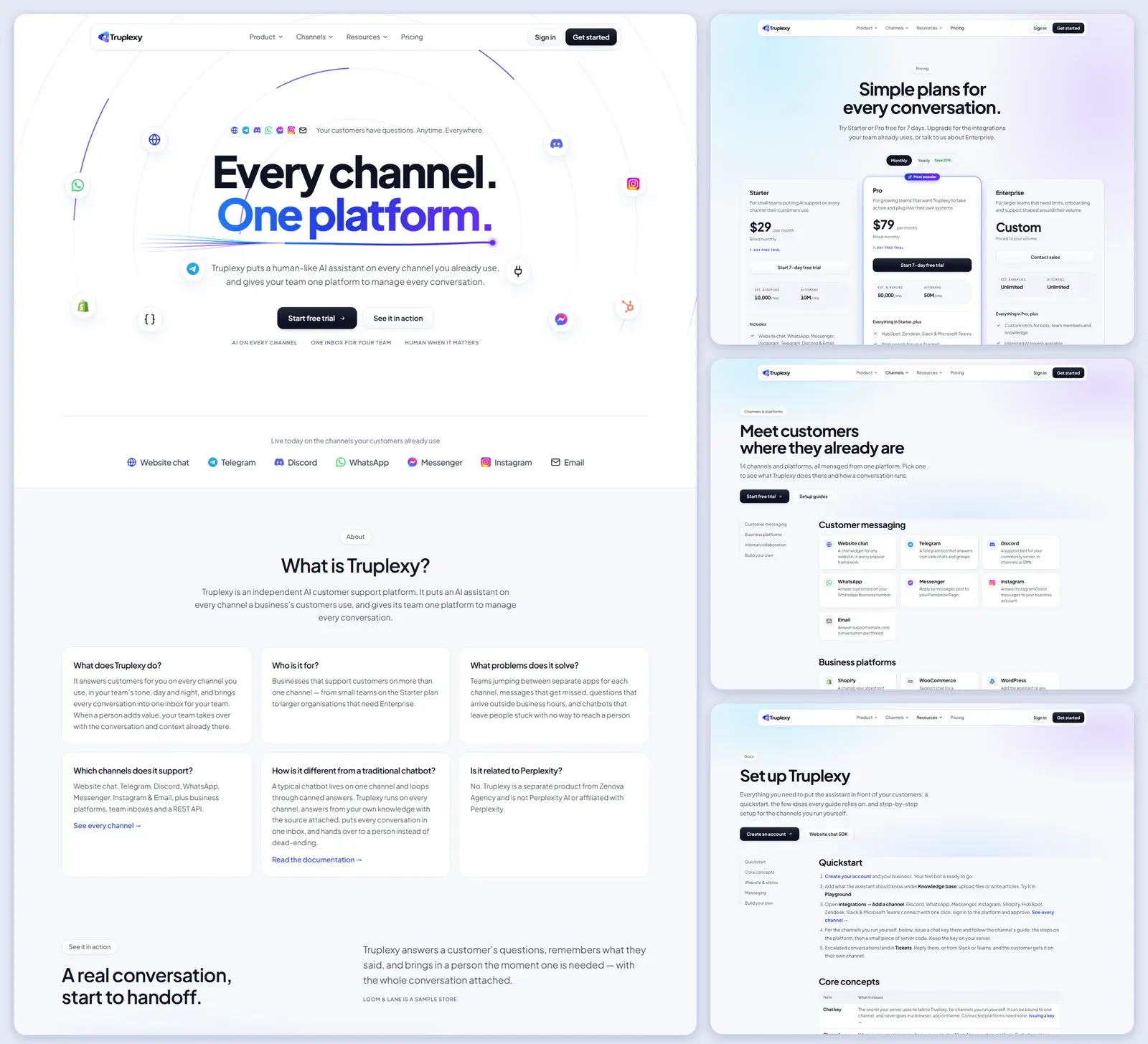 The Truplexy website: the home page headline "Every channel. One platform.", the pricing page, the channels directory and the setup docs.